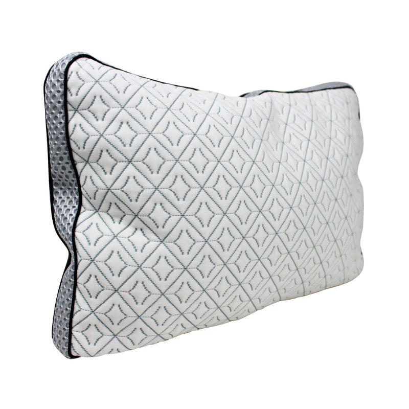 alt="Front details of a memory foam pillow features a cosy velvet cover"