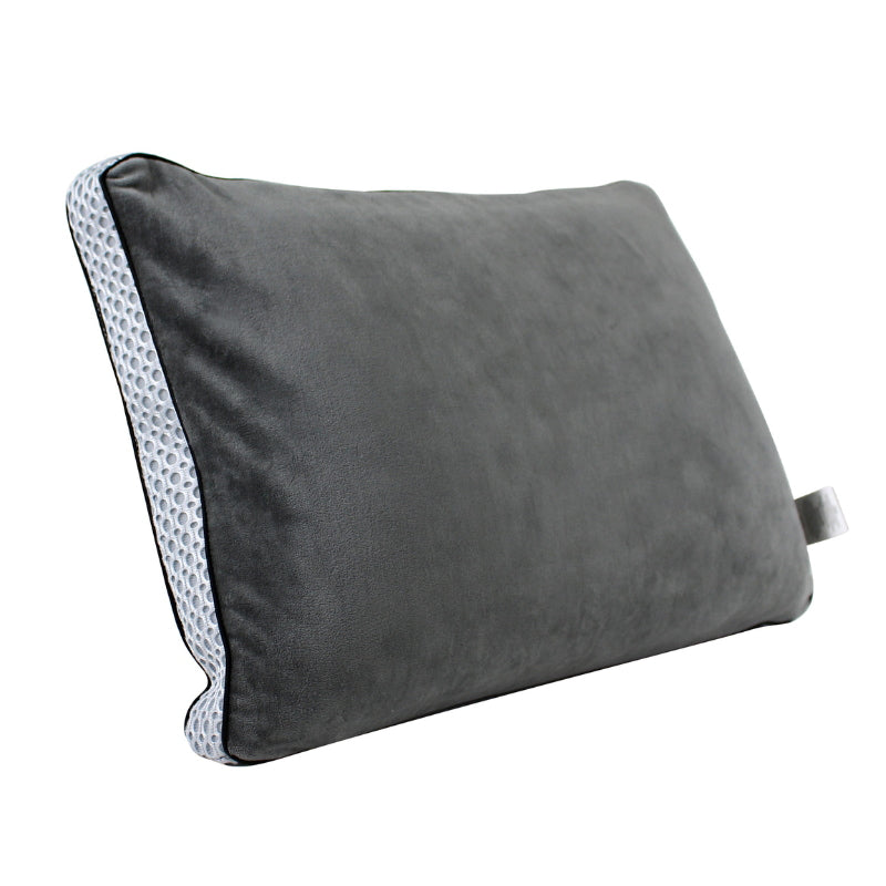 alt="Back details of a memory foam pillow features a cosy velvet cover"
