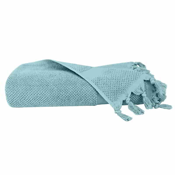 alt="A neatly rolled Torquay Towel towel in cloud blue colour showcasing its luxurious details and premium-quality cotton"