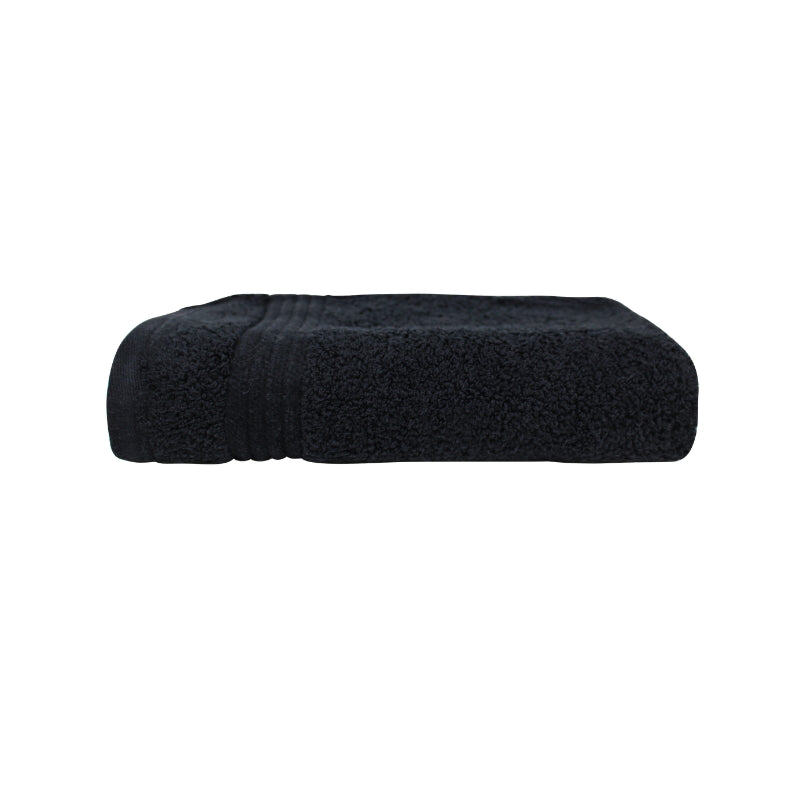 alt="Close-up image of a premium black hand towel, showcasing details and high-quality craftsmanship in the side view."