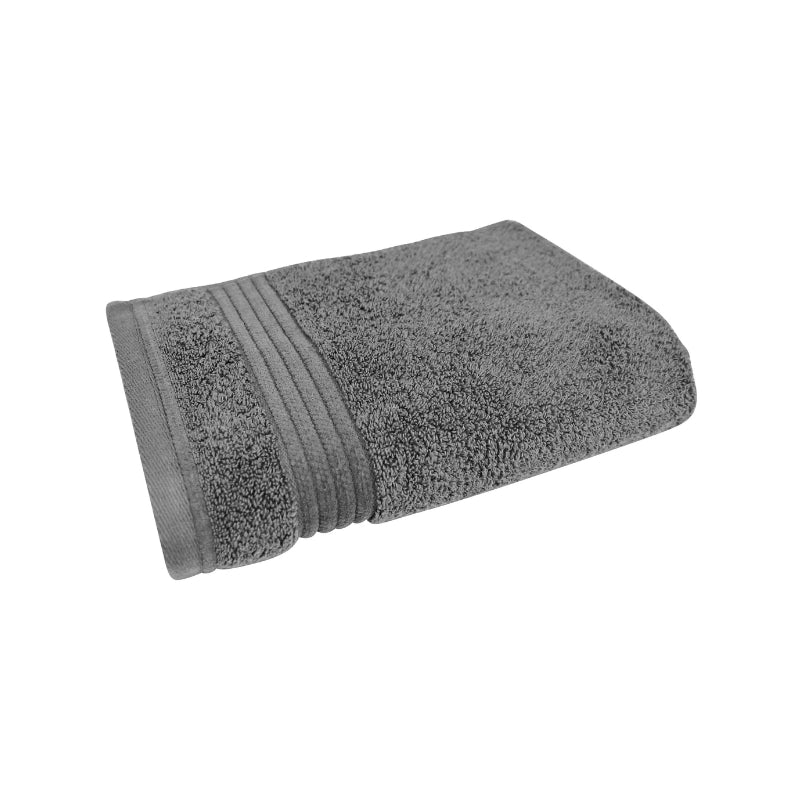 alt="Close-up image of a premium grey  hand towel, showcasing details and high-quality craftsmanship in the front view."