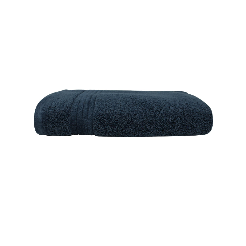 alt="Close-up image of a premium blue hand towel, showcasing details and high-quality craftsmanship in the side view."