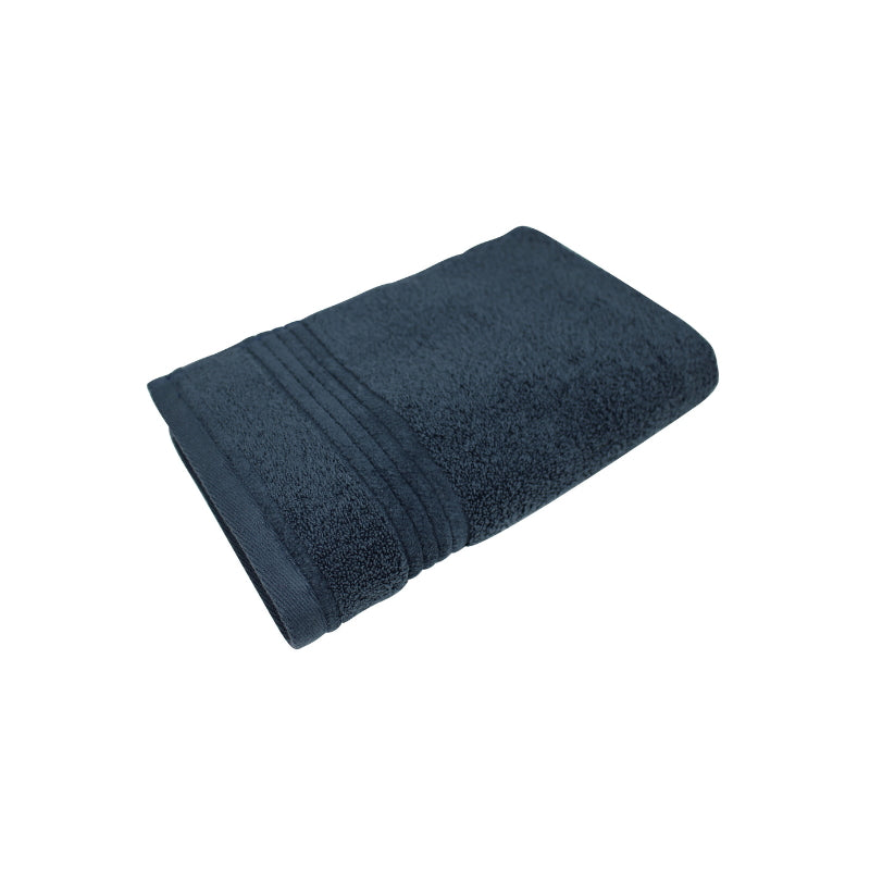 alt="Close-up image of a premium blue hand towel, showcasing details and high-quality craftsmanship in the front view."
