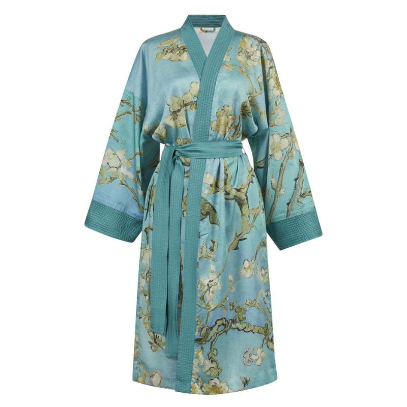 alt="Front details of Van Gogh-inspired Almond Blossoms kimono with turquoise-blue background"
