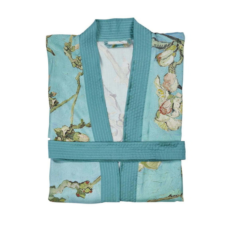 alt="Folded Van Gogh-inspired Almond Blossoms kimono with turquoise-blue background"