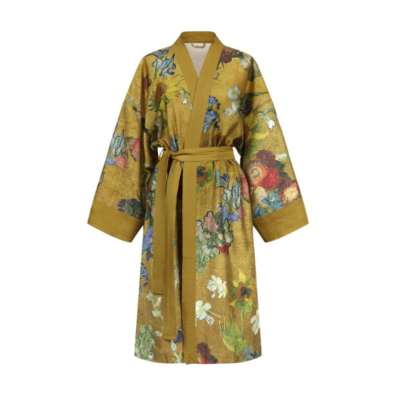 alt="Front details of Van Gogh-inspired Almond Blossoms kimono with gold background"