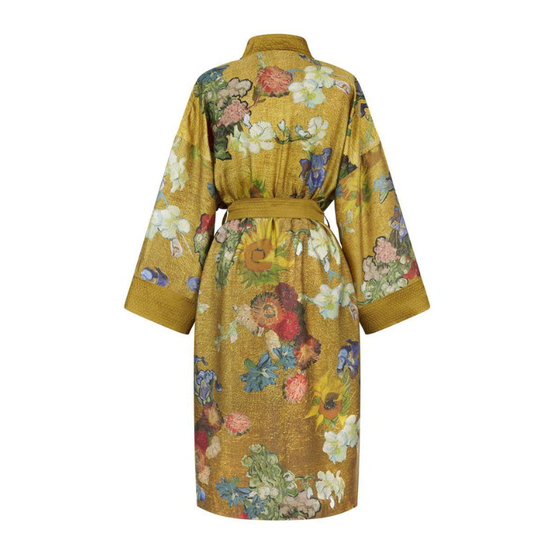 alt="Back details of Van Gogh-inspired Almond Blossoms kimono with gold background"