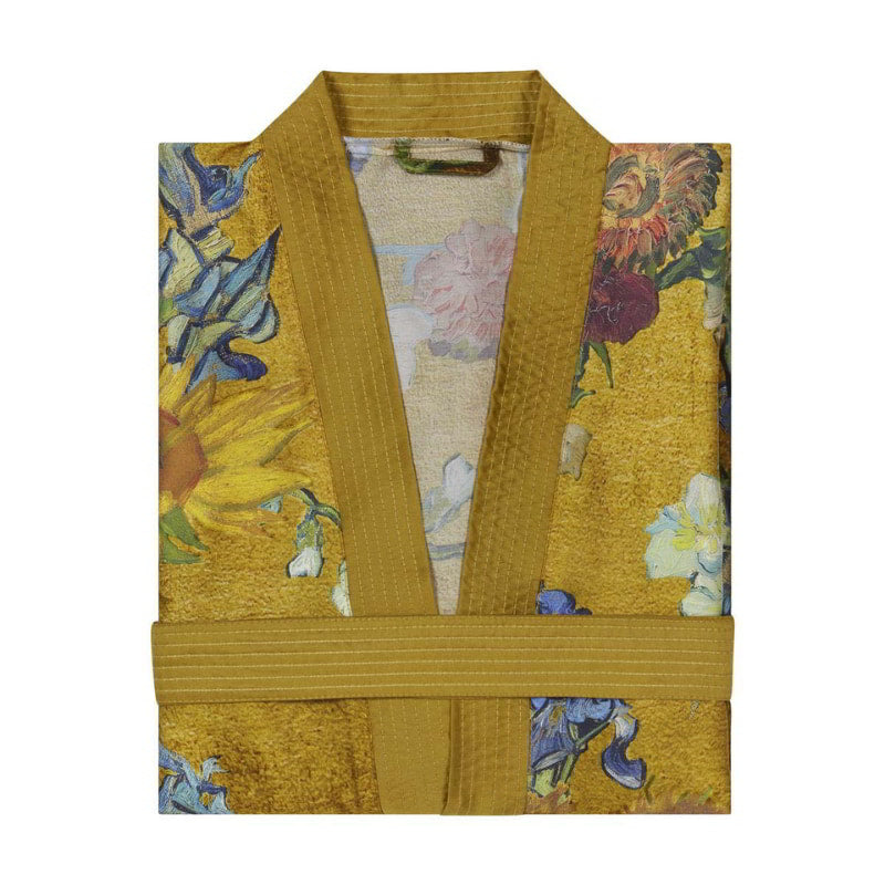 alt="Folded Van Gogh-inspired Almond Blossoms kimono with gold background"