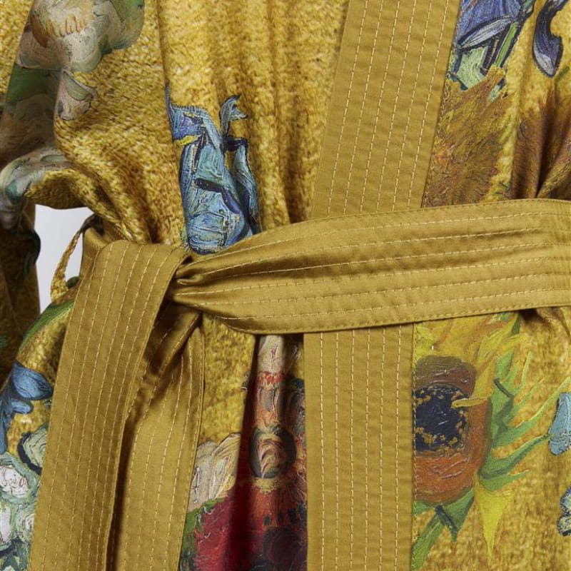 alt="Close-up details of Van Gogh-inspired Almond Blossoms kimono with gold background"