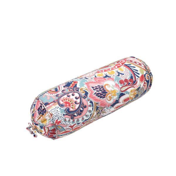 Colourful print roll cushion with vibrant floral and paisley patterns in light blue, pink, red, yellow, and white.