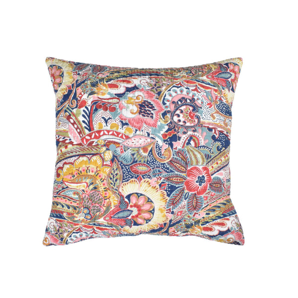 Vibrant cushion with diverse elements like floral motifs, undulating shapes, and in shades of blue, red, orange, yellow, and hints of green.