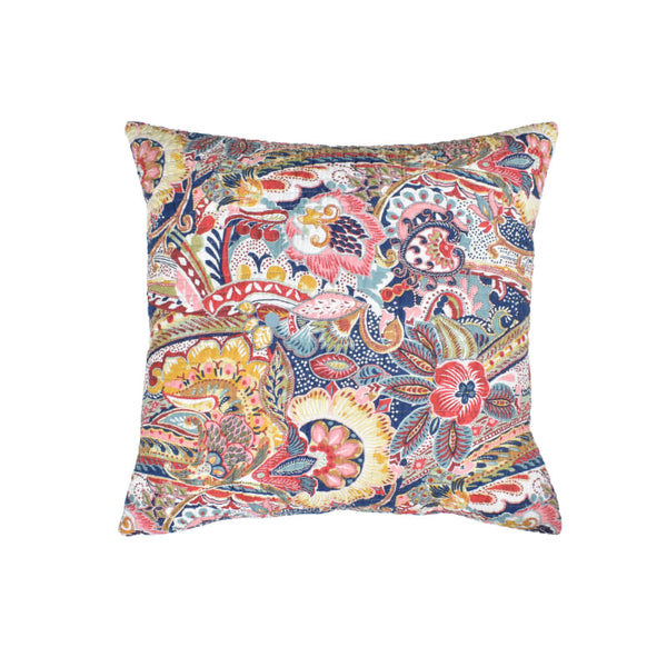 Colourful print european pillowcase with blue, red, and yellow design, featuring intricate floral motifs and mythical creatures on a light background.