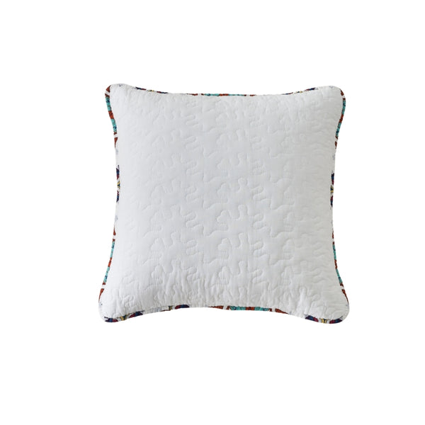 A white cushion with colourful embroidery, boasting a quilted texture, patterned piping, and made entirely of 100% cotton. It is fully machine washable.