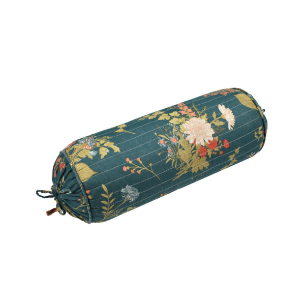 In a floral print, this roll cushion combines traditional charm with modern comfort in a rich royal dark green.