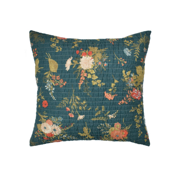 In a floral print, this cushion combines traditional charm with modern comfort in a rich royal dark green.