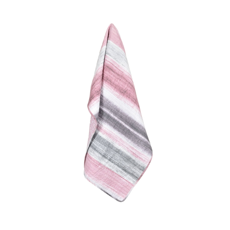 A shade of pink, grey, and white throw made of 100% cotton features varying widths and textured stripes for a modern, casual look.