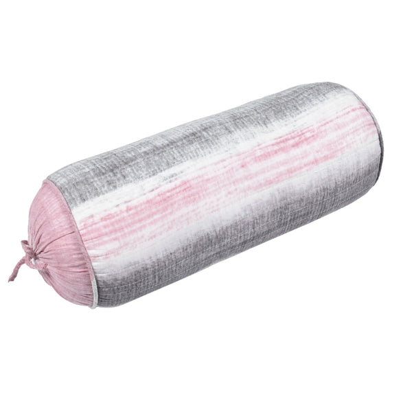 Striped pink, white and grey roll cushion, made of 100% cotton fabric, fully machine washable, perfect for modern bedroom decor.