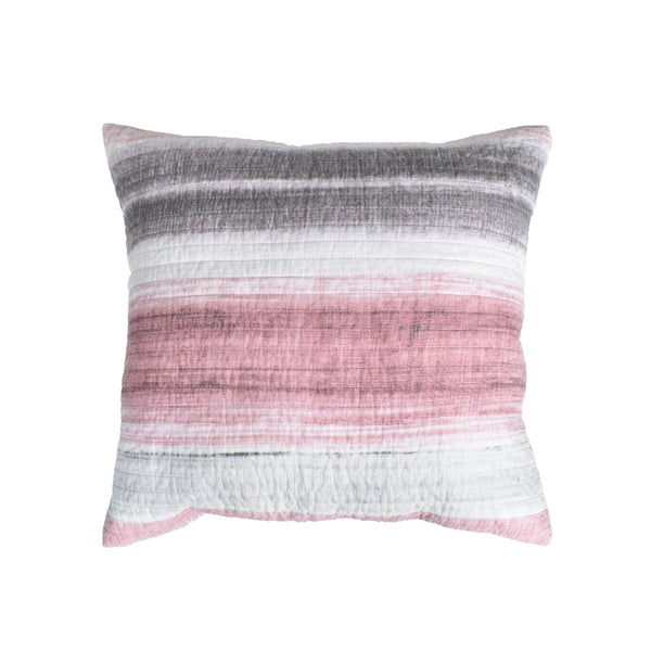 A contemporary European pillowcase, striped with pink, grey, and white, made of 100% cotton. Fully machine washable.
