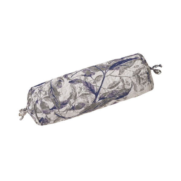 A roll cushion featuring intricate foliage and leaves in shades of blue and green on a textured, crumpled background.