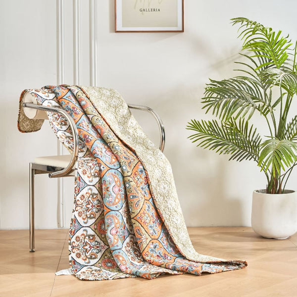 100% cotton throw featuring with floral motifs with a modern colour scheme.