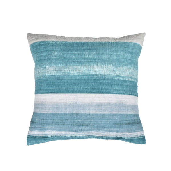 Blue and white striped pillow with horizontal pattern, featuring shades of blue and white. 100% cotton, machine washable.