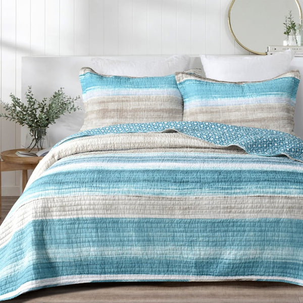 Add a pop of colour to your bedroom with this machine washable blue and white striped cotton coverlet set.
