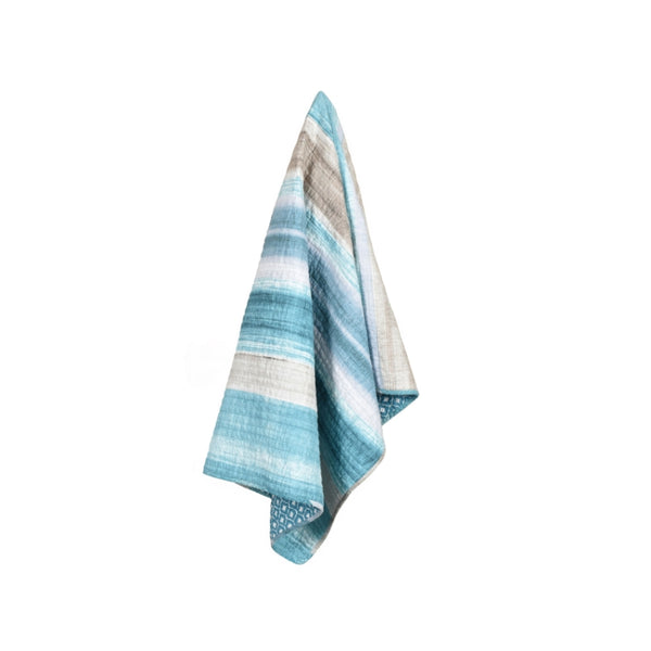 Horizontal striped cotton throw in shades of blue and white, adding colour to your living space decor.