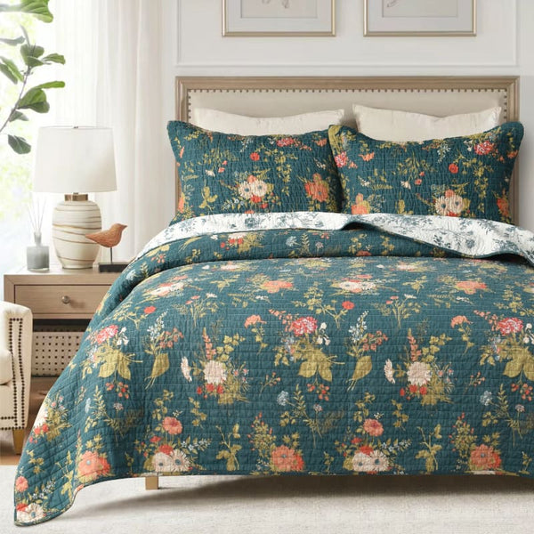 The Winter Garden coverlet set features a floral print bedspread for a touch of elegance and warmth.
