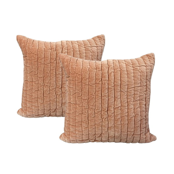 alt="Luxurious twin pack of embroidered cotton velvet blush feather-filled cushions featuring a quilted pattern for ultimate comfort."