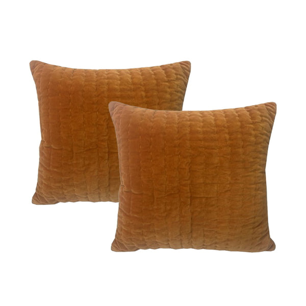 alt="Luxurious twin pack of embroidered cotton velvet caramel feather-filled cushions featuring a quilted pattern for ultimate comfort."