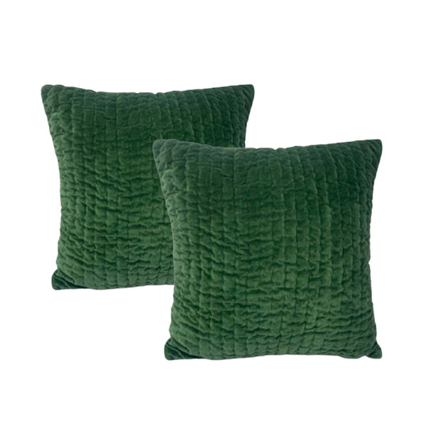 alt="Luxurious twin pack of embroidered cotton velvet green feather-filled cushions featuring a quilted pattern for ultimate comfort."