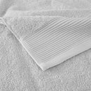 Zoom in details of a luxurious grey towels made from eco-friendly Tencel and cotton, promoting sustainability and advanced hygiene.