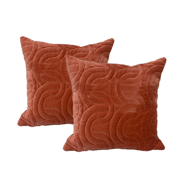 alt="Luxurious twin pack of opulent, orange embroidered cotton velvet feather-filled cushions with a stunning quilted design."