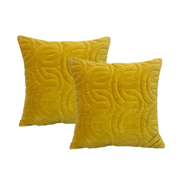 alt="Luxurious twin pack of opulent, gold embroidered cotton velvet feather-filled cushions with a stunning quilted design."