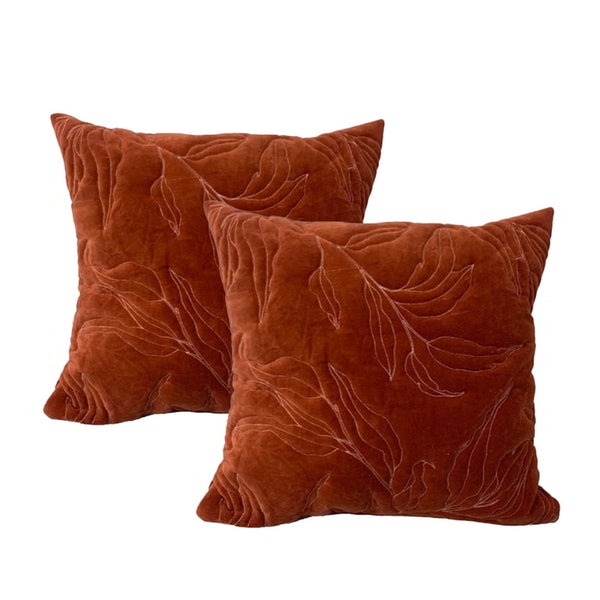 alt="Luxurious twin pack cotton velvet clay  feather filled cushions, adorned with leaf motifs, exuding opulence and elegance"