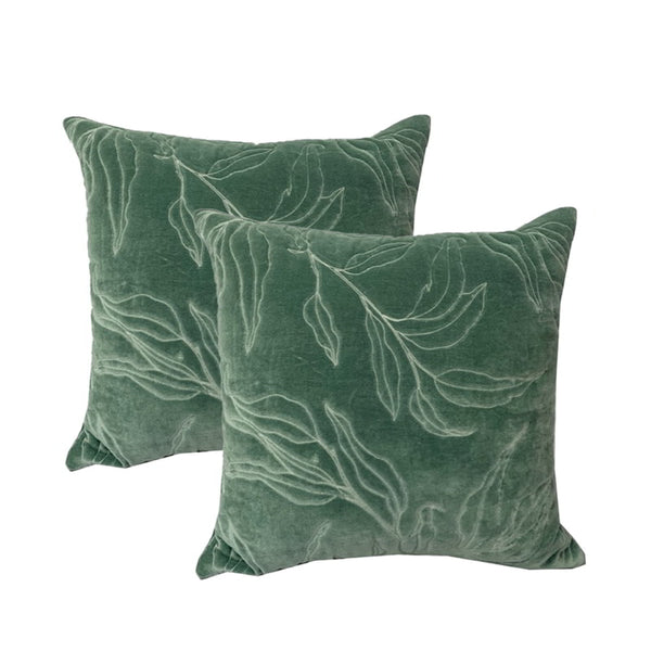 alt="Luxurious twin pack cotton velvet juniper feather filled cushions, adorned with leaf motifs, exuding opulence and elegance"