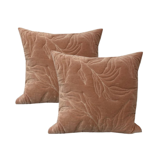 alt="Luxurious twin pack cotton velvet nude  feather filled cushions, adorned with leaf motifs, exuding opulence and elegance"