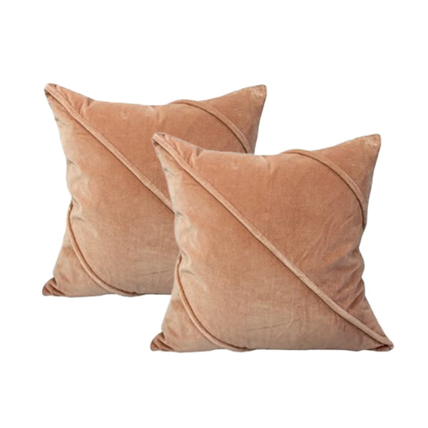 alt="Luxurious blush pink cushion, exquisitely crafted with velvet cotton. Indulge in the opulence of this twin pack, 50x50cm in size, filled with feather for ultimate comfort."