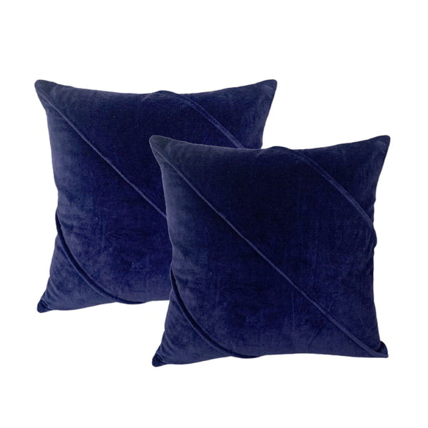 alt="Luxurious ink blue cushion, exquisitely crafted with velvet cotton. Indulge in the opulence of this twin pack, 50x50cm in size, filled with feather for ultimate comfort."