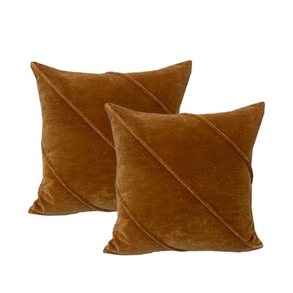 alt="Luxurious brown cushion, exquisitely crafted with velvet cotton. Indulge in the opulence of this twin pack, 50x50cm in size, filled with feather for ultimate comfort."