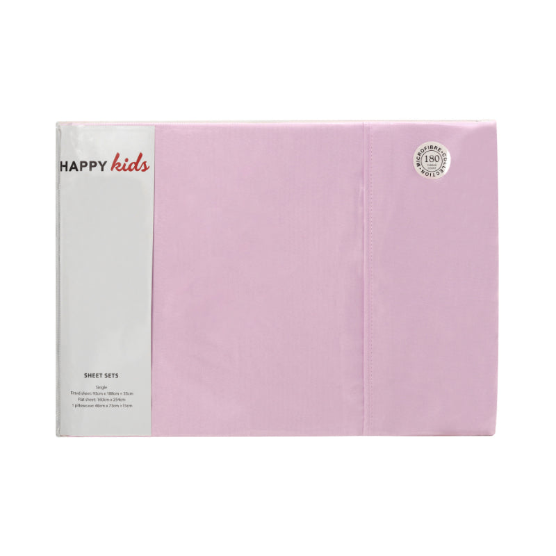 alt="A front-view package of a pink, plain-dyed microfibre sheet set"
