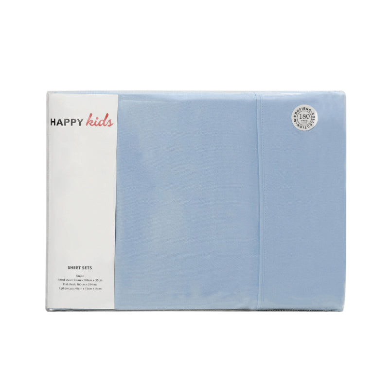 alt="A front-view package of a blue, plain-dyed microfibre sheet set"