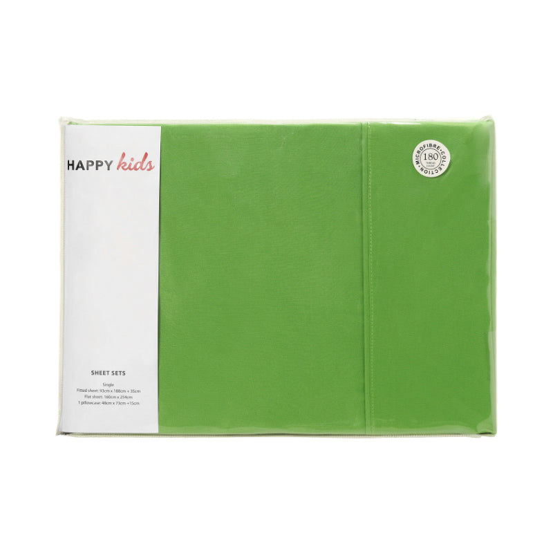 alt="A front-view package of a green, plain-dyed microfibre sheet set"