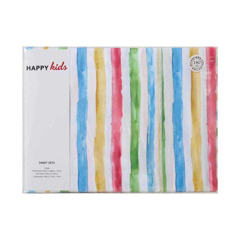 alt="Front view packaging of a child's bed with Happy Kids' vibrant microfibre sheet set."