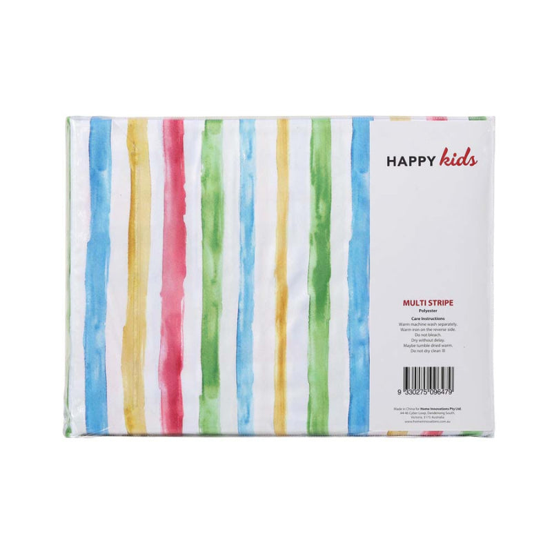 alt="Back view packaging of a child's bed with Happy Kids' vibrant microfibre sheet set."