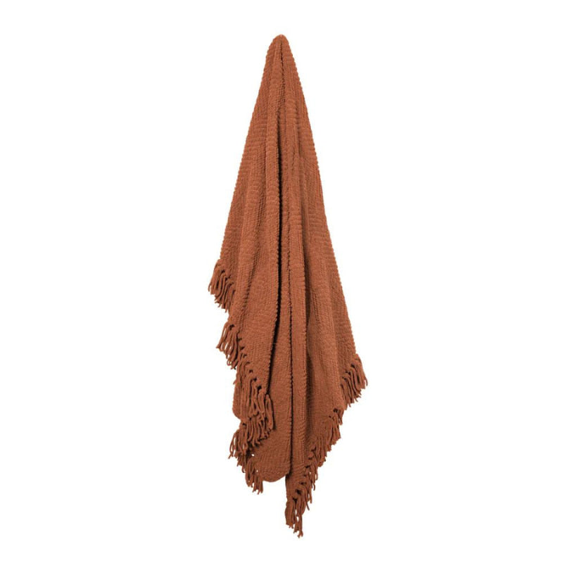 Embrace our brown blanket with fringes on each side featuring a chevron weave and trendy winter colours.