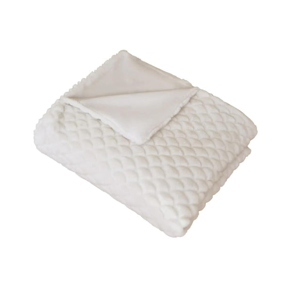 Luxe white throw with scallop pattern, perfect for winter warmth and adding texture to your space.