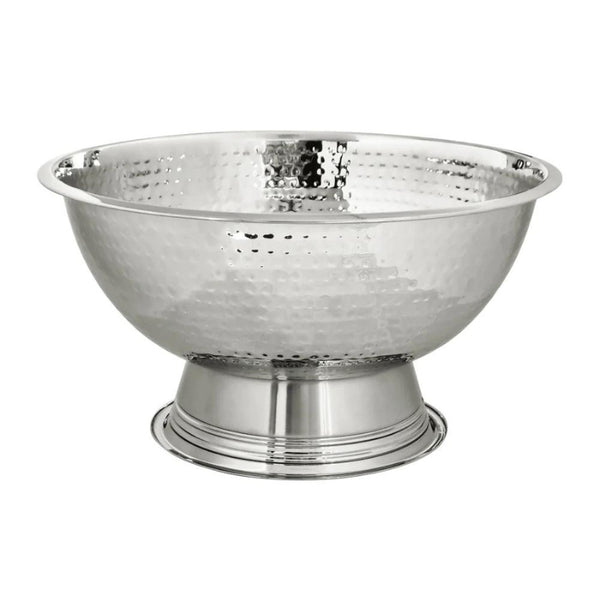 alt="Gleaming hammered chrome champagne bowl with its textured surface"