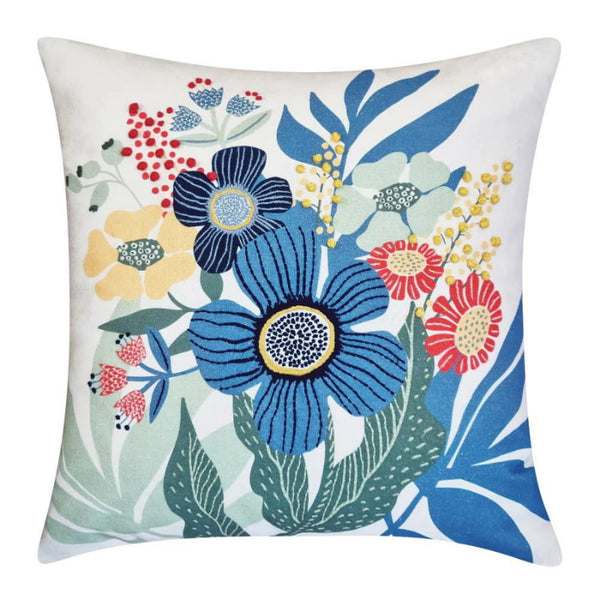 alt="Front details of this meticulously crafted cushion with a beautiful floral graphic design."