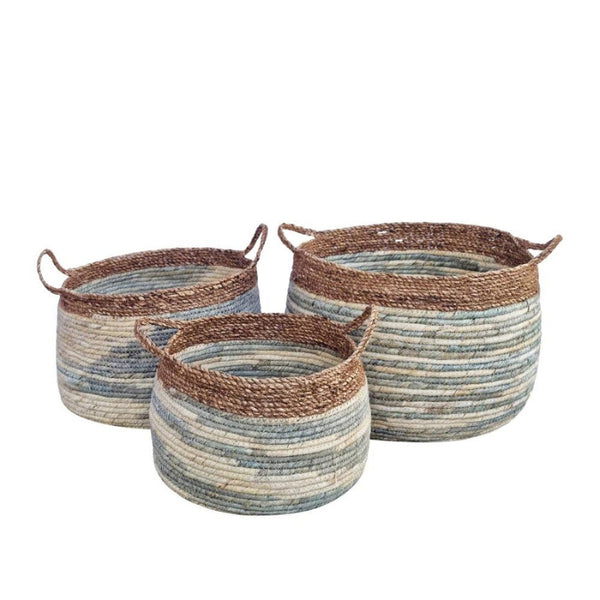alt="A front details of 3 baskets featuring its natural beauty and durability of seagrass."